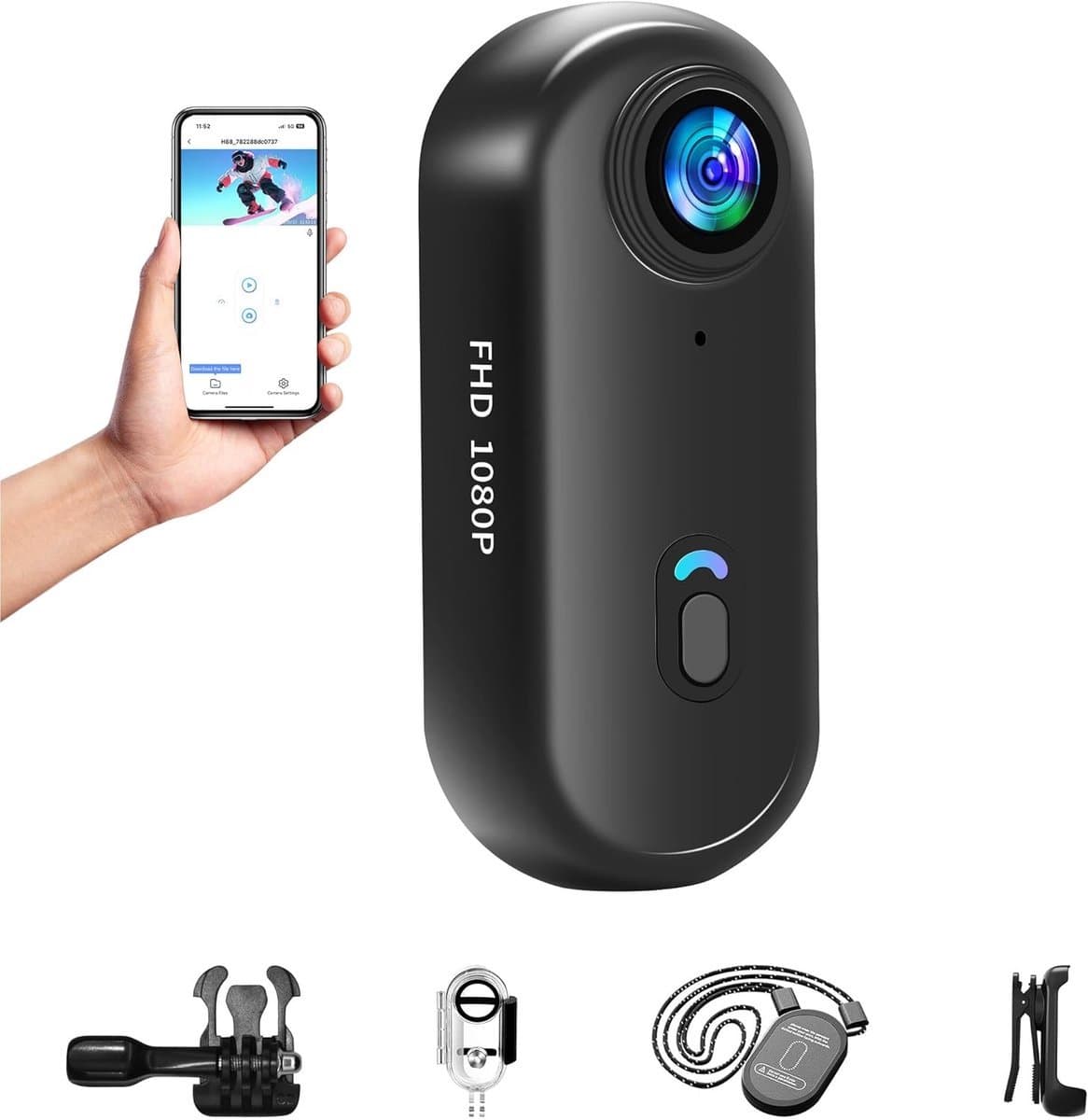 Mini Actiecamera met WiFi - 1080P Full HD - Onderwatercamera tot 30 Meter Waterdicht - Handsfree POV Mini Cam - 360° Draaibare Bevestiging - Helmcamera - Fiets- en Motorcamera - Bodycam - Draagbare Beveiligingscamera