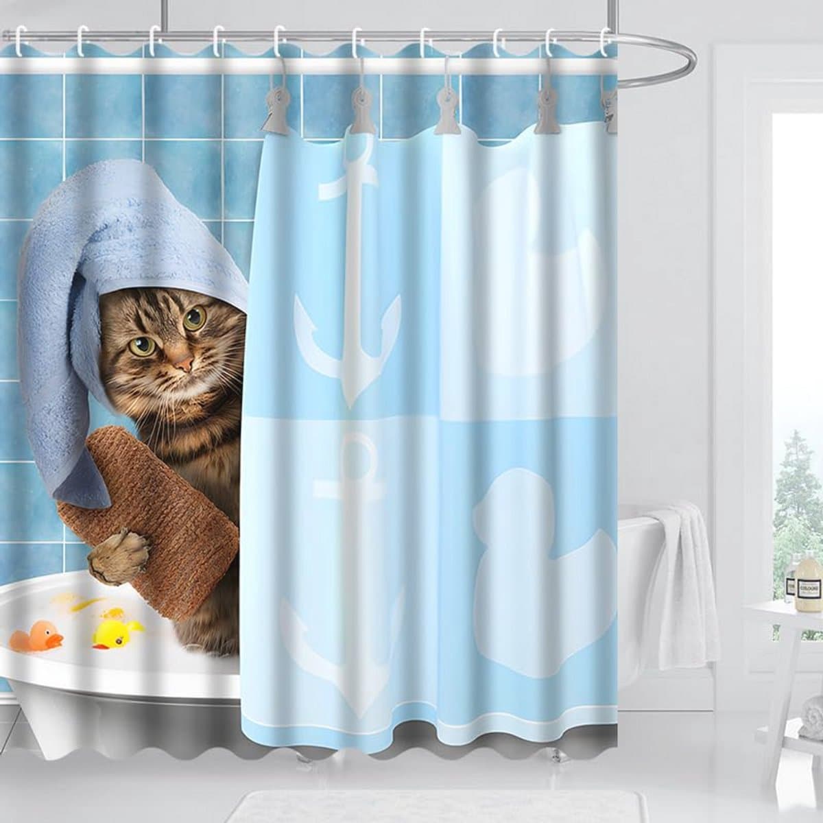 Waterdicht douchegordijn met grappige kattenprint - 180 x 180 cm, wasbaar en schimmelbestendig