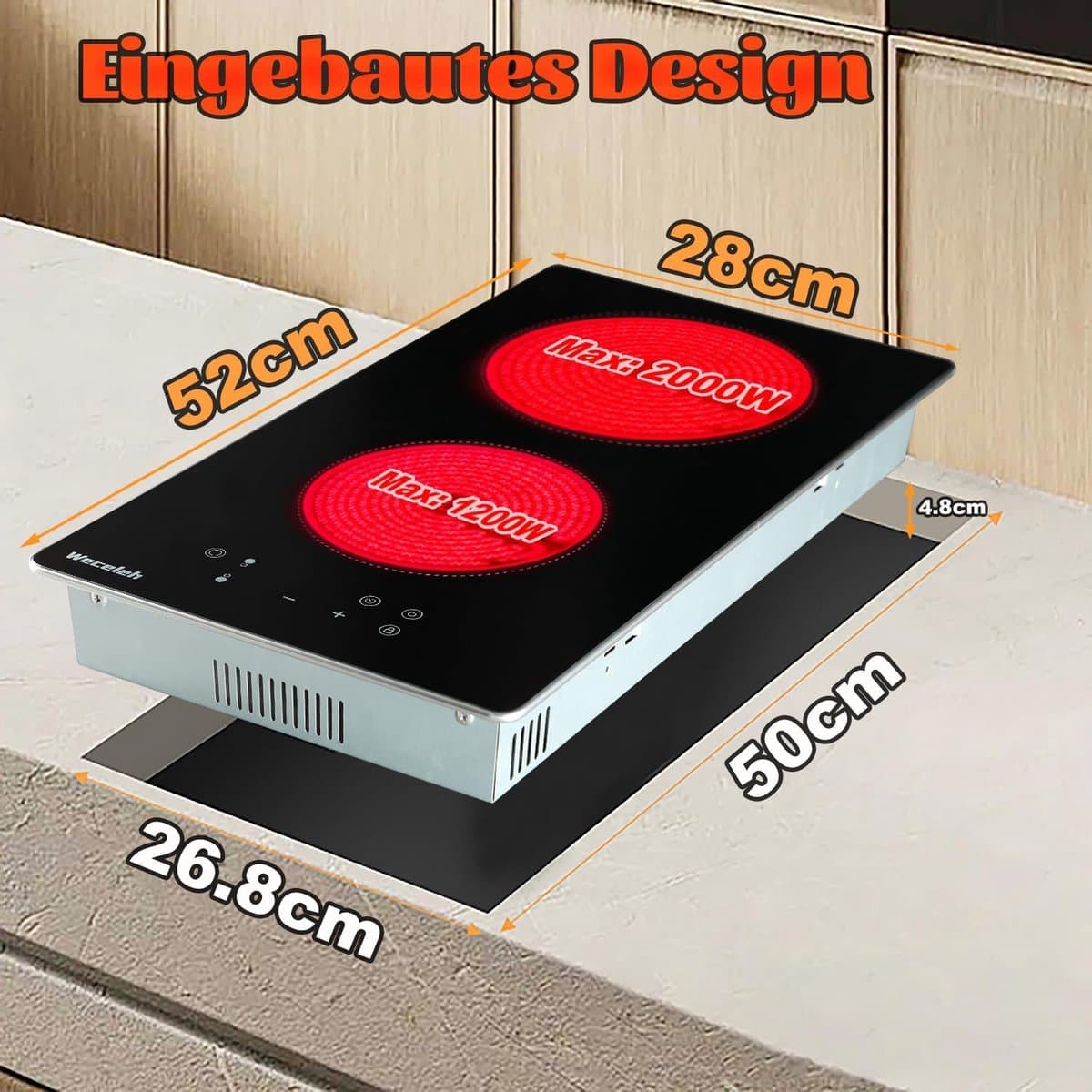 Inbouw Keramische Kookplaat 3200W met 2 Zones en Touch Control