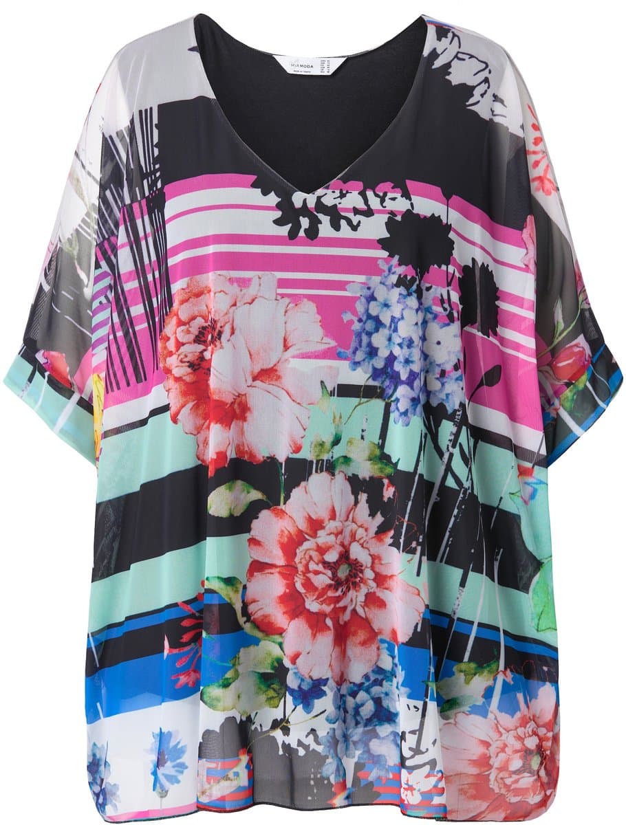 MIAMODA - Dames - Mesh blouse oversized all-over print ondoorzichtige jersey top - Zwart - Maat 46+