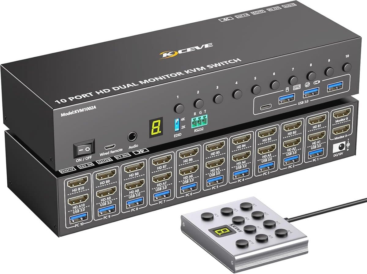 10 Port HDMI KVM Switch 2 Monitor 4K@60Hz EDID Simulation, Dual Monitor KVM Switch 10PC with 4 USB 3.0 Port For Keyboard and Mouse Printer, Audio RS232, with Controller 12V Power and 10 USB Cable