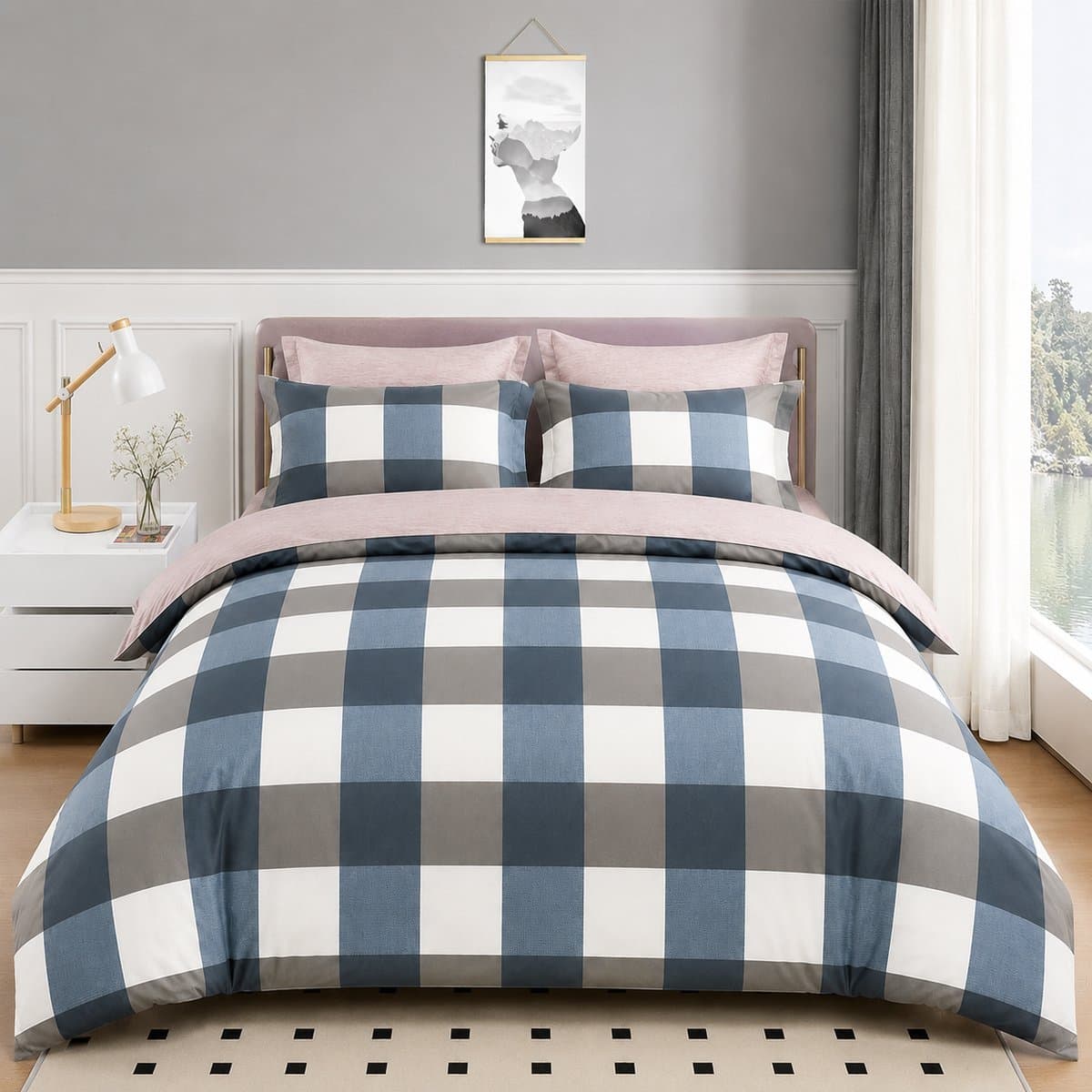 MeiLun Home Loom Check Beddengoedset 4-delig - Harbor Check - 140 x 200 cm + 32cm Hoeslaken - Dekbedovertrek 200 x 220 cm met Hoeslaken en Kussensloop