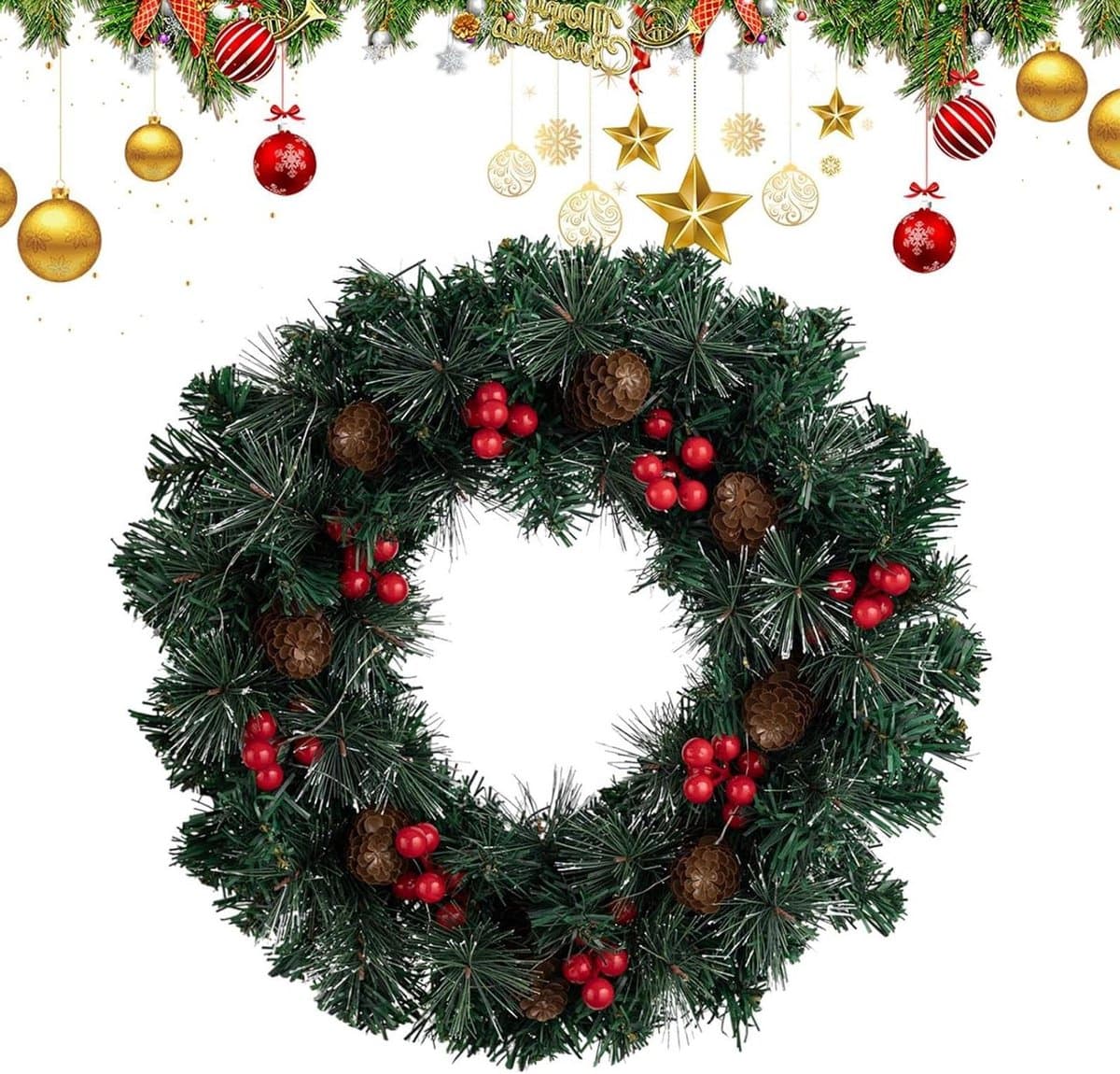 Kerstkrans met licht - Kunstslinger deur - Feestelijke decoratie - Realistisch rustiek ontwerp - 40 cm - Groen