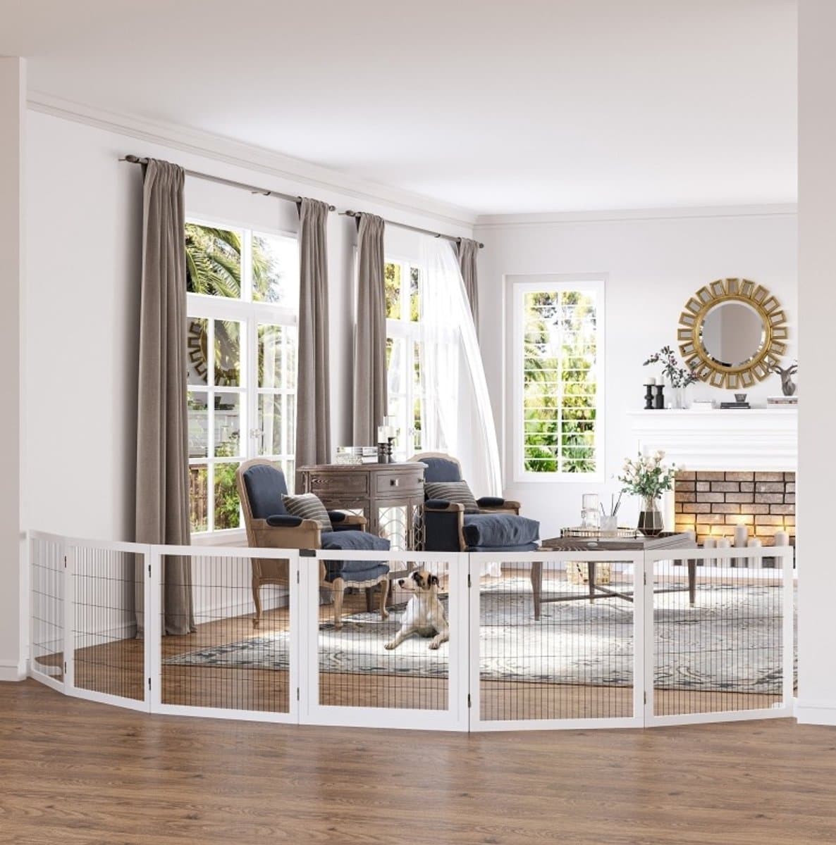 COVREO Hondenhek 432 x 70 cm wit, hout en metaal, 6 panelen opvouwbaar