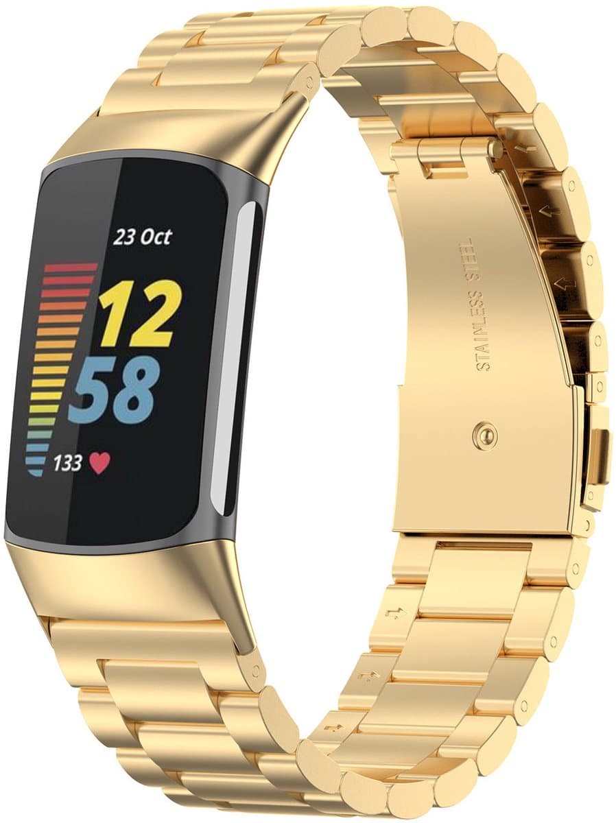 123watches kralen stalen schakel band - goud - - Geschikt voor Fitbit Charge 5 & 6