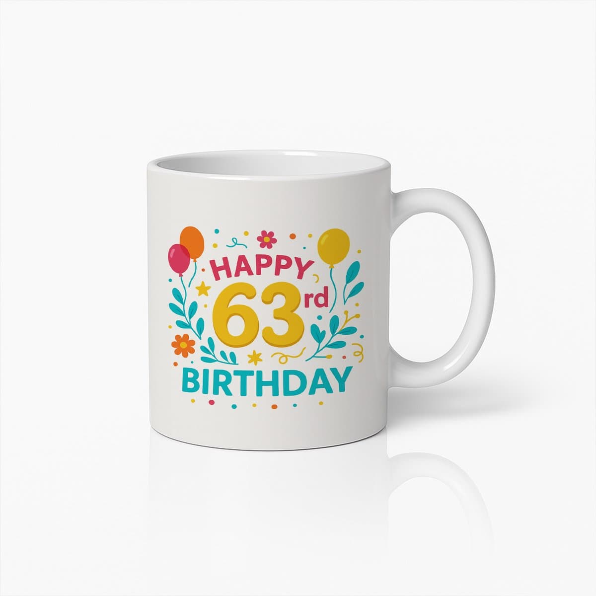Gelukkige 63e Verjaardag Mok 330ml – Koffiebeker met Kleurrijke Ballonnen en Bloemen