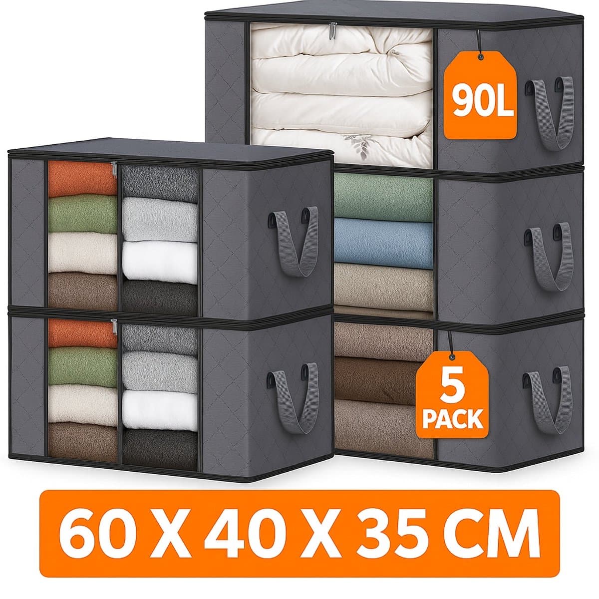 MeubelsvanJoep 5 stuks grote opbergdozen 90 liter, opbergdoos met deksel, versterkte handgreep, kleding, opbergtas, kledingdoos, verhuisdozen voor kleding, jurken, beddengoed, grijs