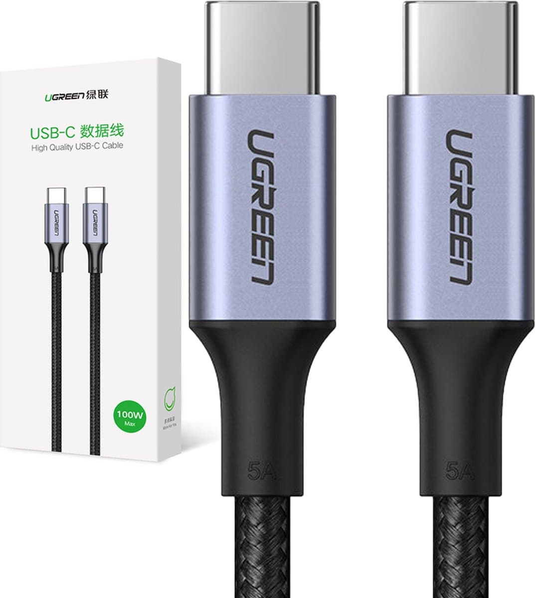 Ugreen - kabel - USB Type C - USB Type C - 5 - A - 100 - W - Power - Delivery - Quick - Charge - 3.0 - FCP - 480 - Mbps - 1 - m - grijs - (70427 - US316)
