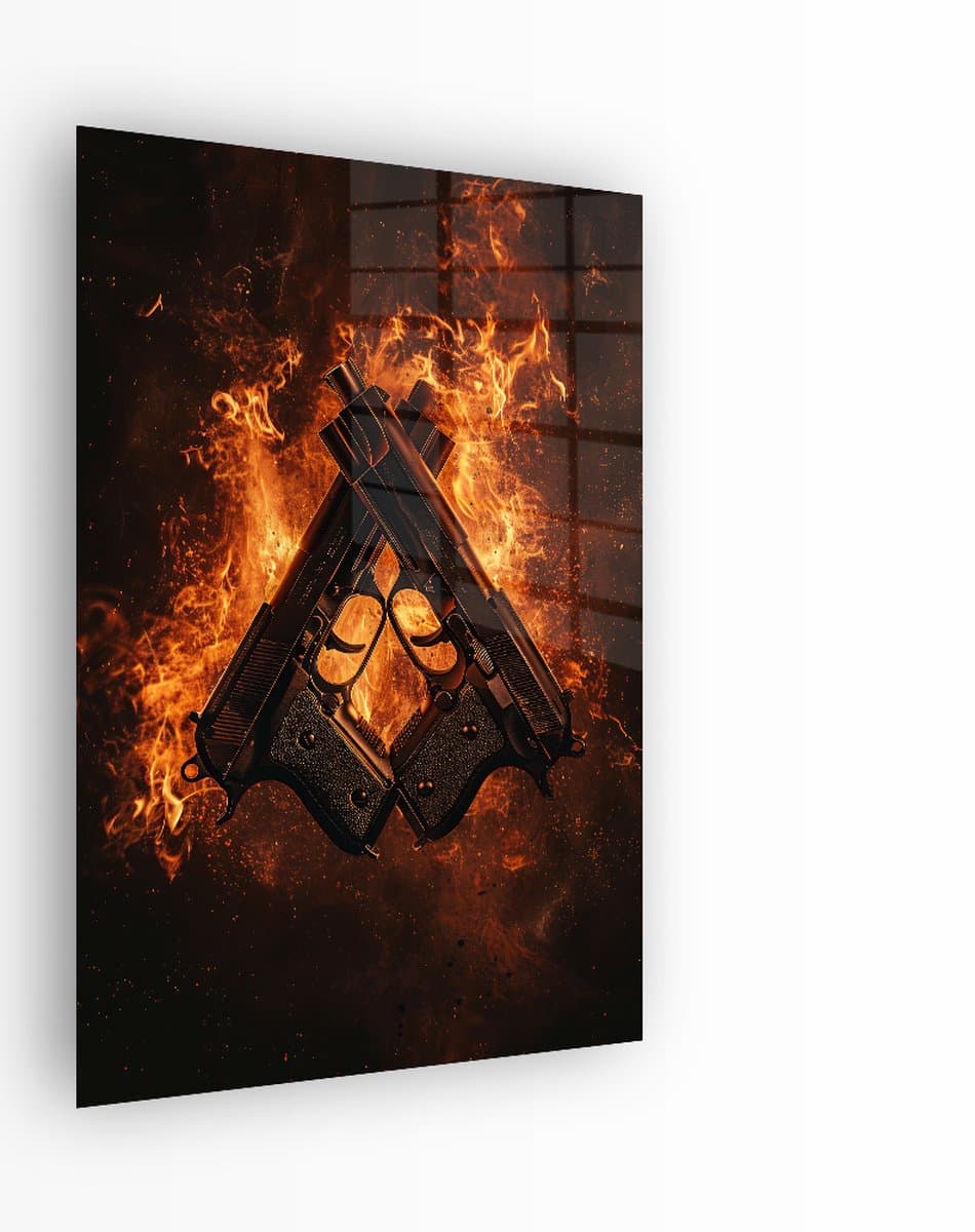 Indoorart - Glasschilderij Crossed Handguns 80x120 CM - Afbeelding op plexiglas - Inclusief montagemateriaal