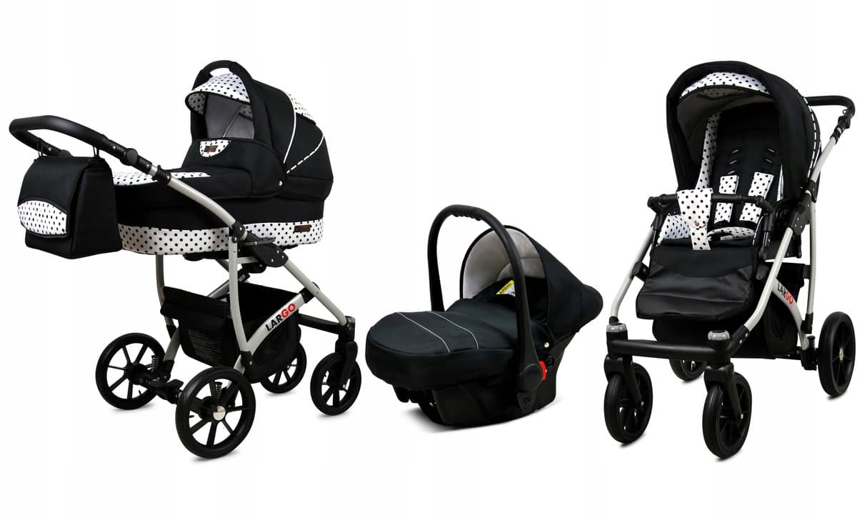 BabyLux® Kinderwagen 3in1 – LARGO - BLACK DOTS SILVER FRAME - Opklapbare Wandelwagen incl. Reiswieg, Multifunctionele Buggy Sportstoel, Autostoel - Combi-kinderwagen met Luiertas, Regenhoes, Klamboe, Bekerhouder, etc.