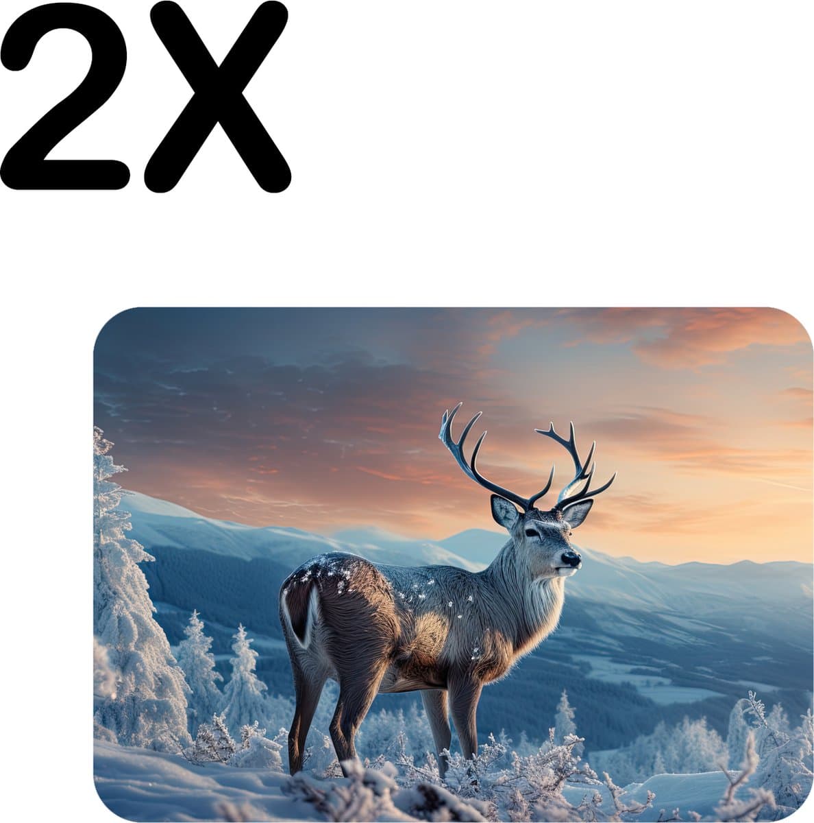 BWK Stevige Placemat - Hert in de Winter op een Berg - Set van 2 Placemats - 40x30 cm - 1 mm dik Polystyreen - Afneembaar
