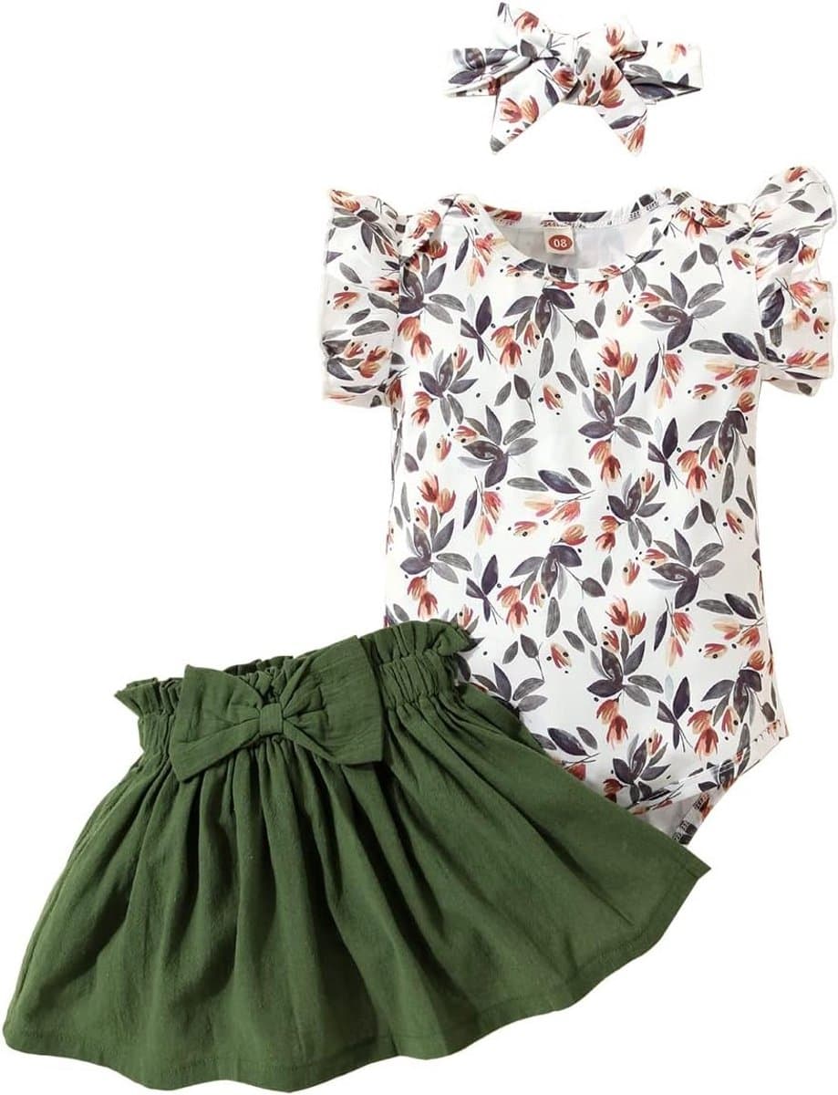 Schattig 3-delig Baby Kleding Set voor 0-24 Maanden, Korte Mouwen Jumpsuit met Ruffles, Rok en Haarband, Geschikt voor Meisjes met Bloemen- en Luipaardpatroon, 3-6 Maanden