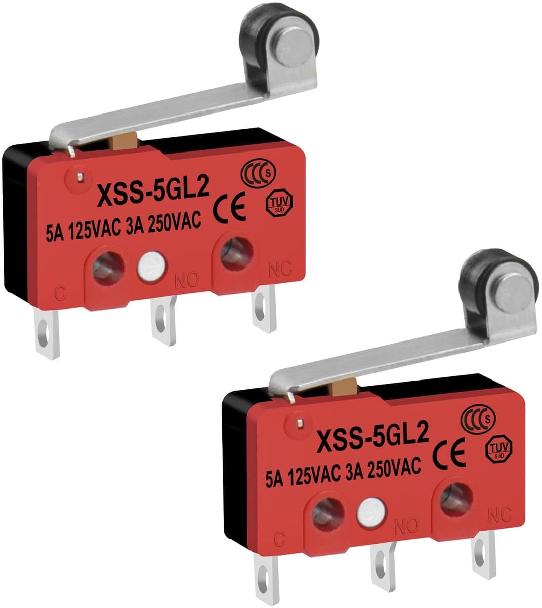 Byshayne - Mini Micro Switch - Korte roller levers - Rood - 3-pin - Geschikt voor diverse toepassingen - 2 stuks
