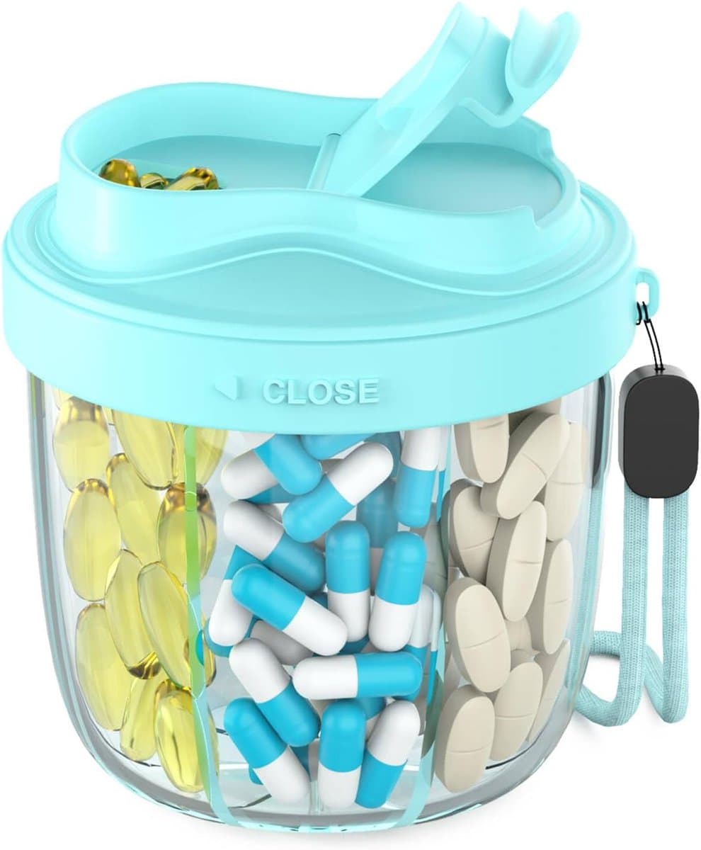 Tablettenbox 7 dagen 's ochtends 's middags 's avonds - ronde medicijnbox met 7 vakken, brede opening & anti-verwarring ontwerp, BPA-vrij, ideaal voor op reis, inclusief 20 zelfklevende etiketten