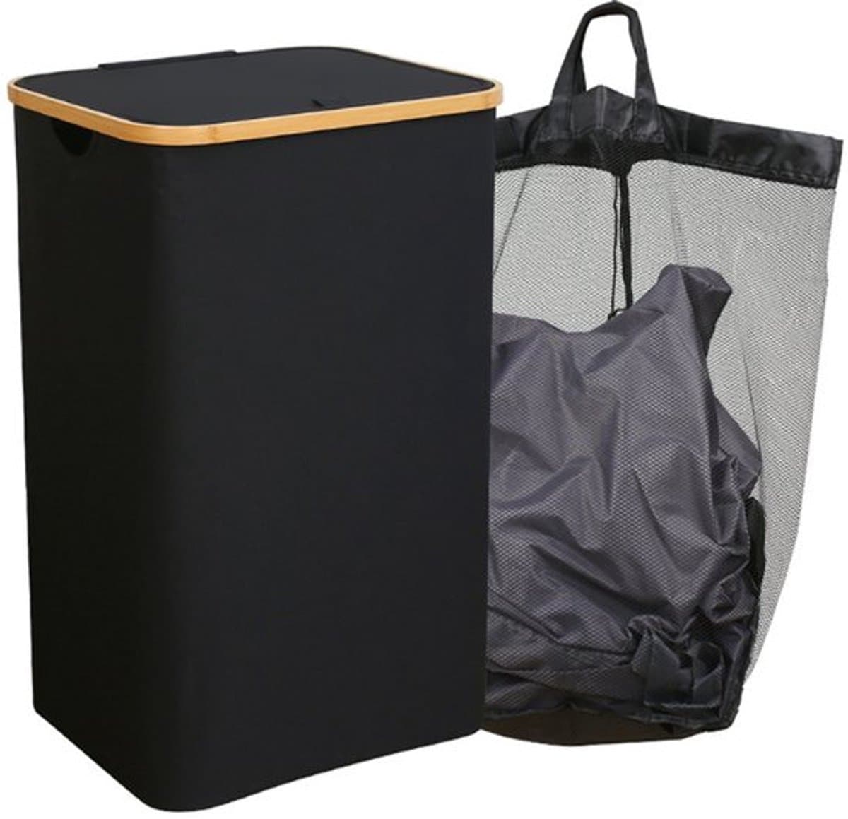 Wasmand - Met uitneembare zakken - Mesh Waszakken - Klittenband - 40.5*33*65cm - Waszak - Waszakken - Wasmanden - Wassorteerder - Opvouwbaar - Zwart