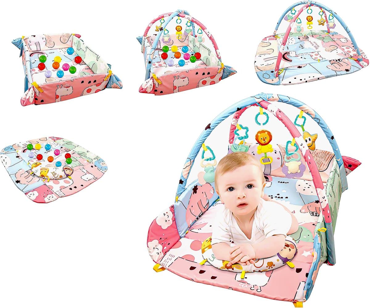 Speelkleed Baby met Boog - Buikligtrainer - 110 x 95 cm - Buiktrainer Baby - Inclusief 30 ballen - Tummy Time - Speelmat Baby - Speelboog - Babygym