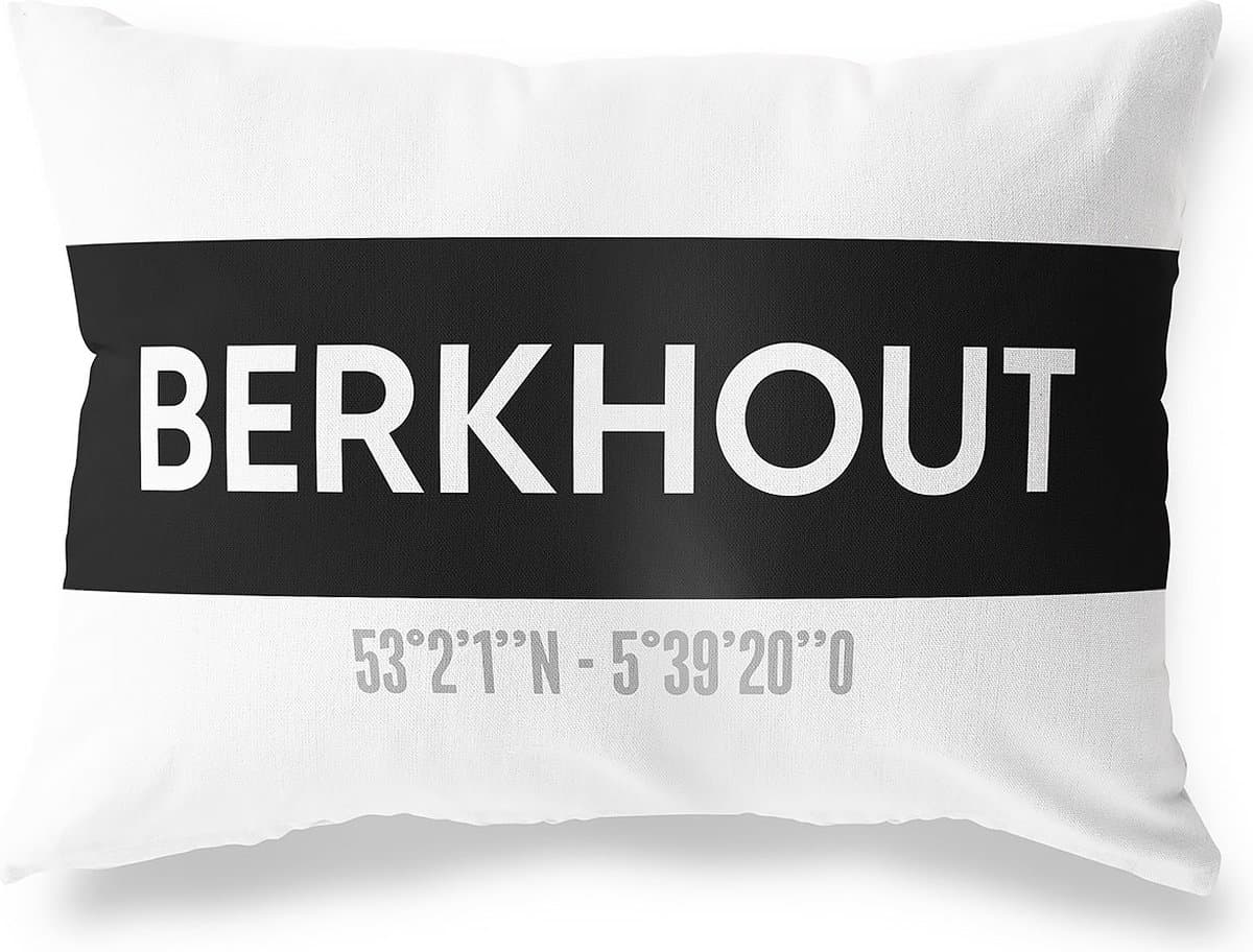 Tuinkussen BERKHOUT - NOORD-HOLLAND met coördinaten - Buitenkussen - Bootkussen - Weerbestendig - Jouw Plaats - Studio216 - Modern - Zwart-Wit - 50x30cm