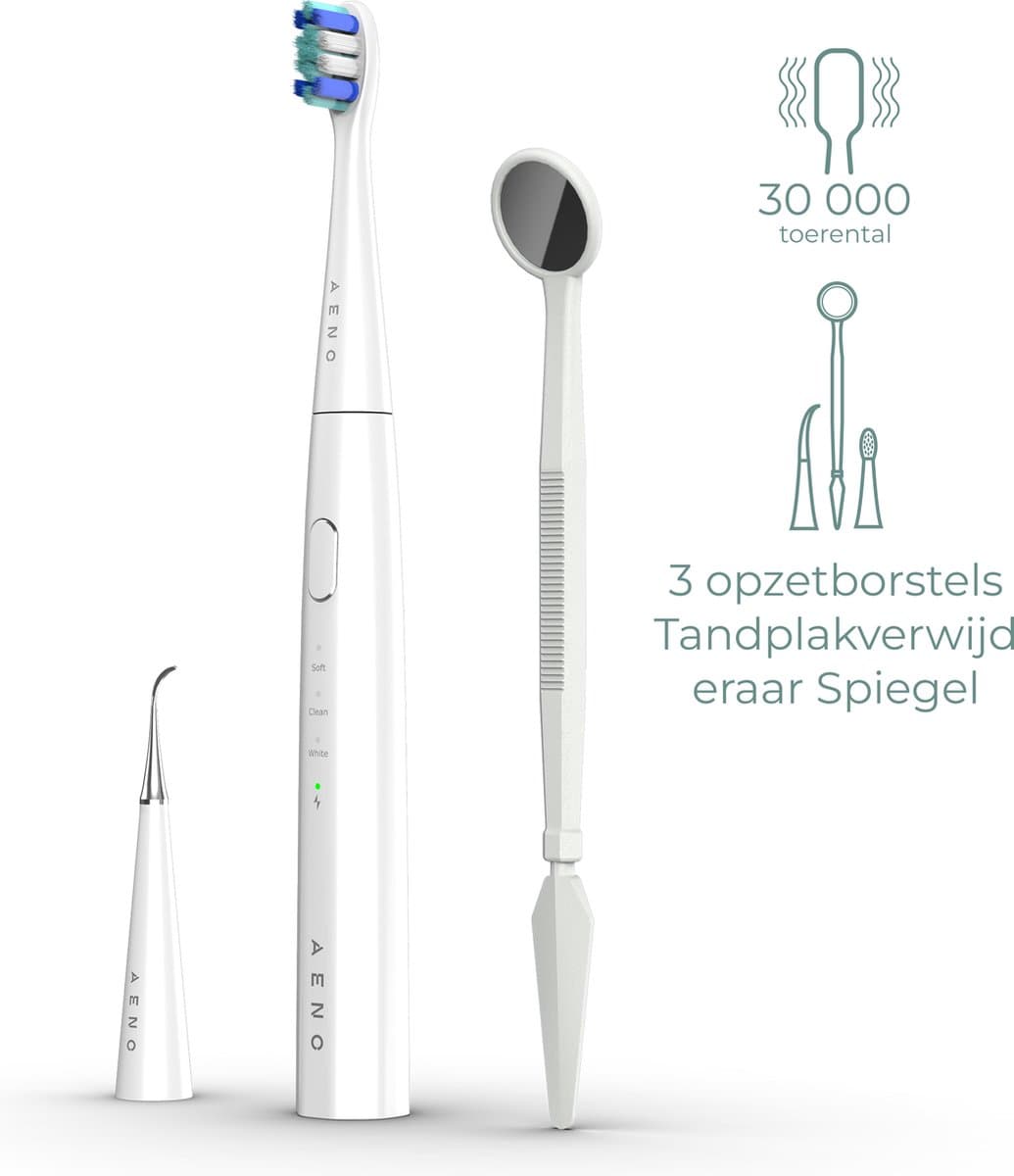 AENO DB8 - Elektrische tandenborstel - Plak Verwijderaar - Spiegel - Ook voor kinderen - 3 standen - 3 Opzetborstels - 30000 tpm - 100 dagen zonder opladen - IPX7 Wit
