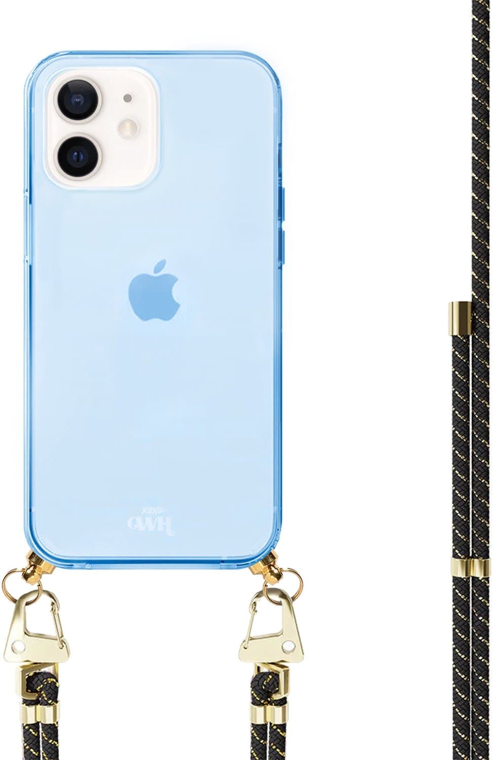 xoxo Wildhearts silicone case met koord - Blauw telefoonhoesje met koord - telefoonketting - Gold Goddess - Cord Case - geschikt voor Apple iPhone 12 - Zwart koord met gouden accenten