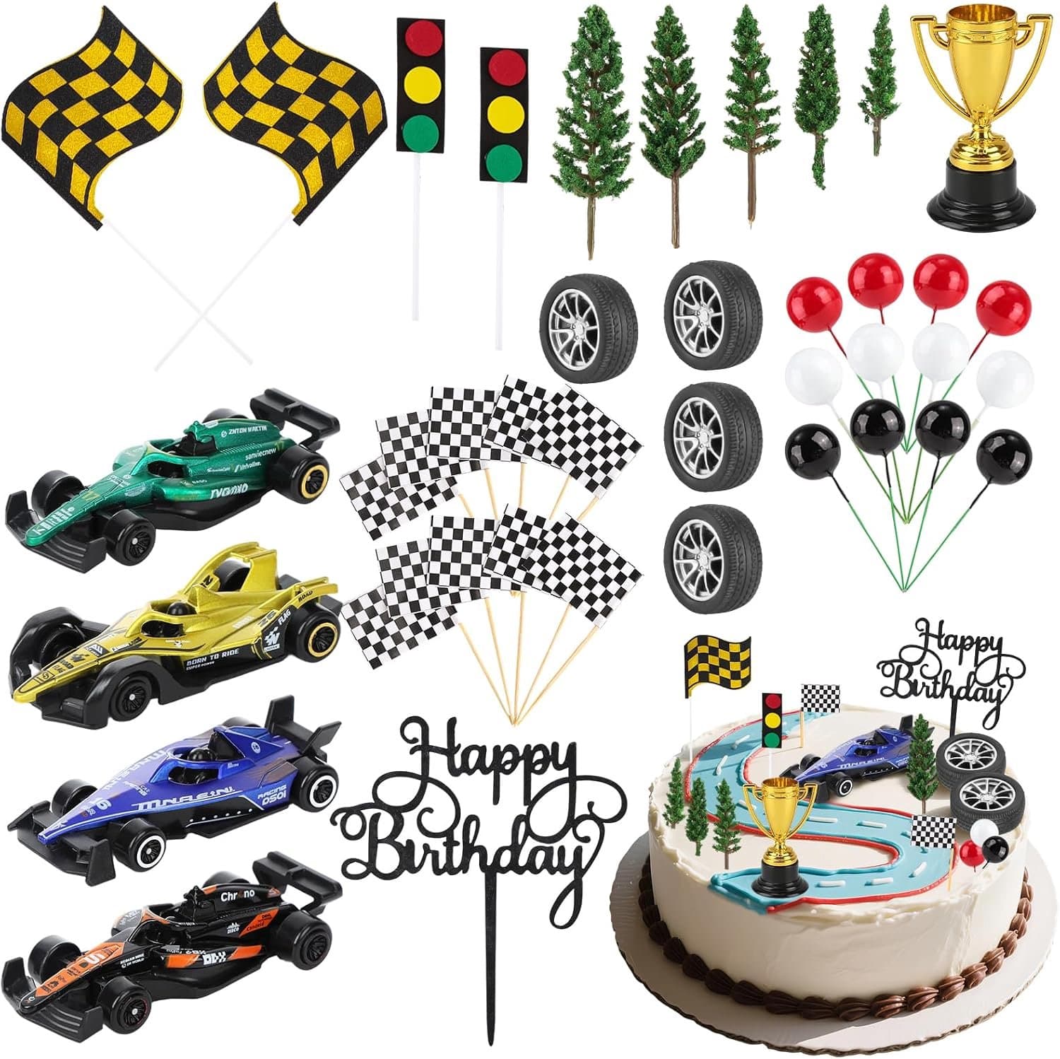 41 stuks racen auto versieringen - thema verjaardagstaart - versiering voor kinderfeestje - vrolijke cake toppers - ServiceTopper