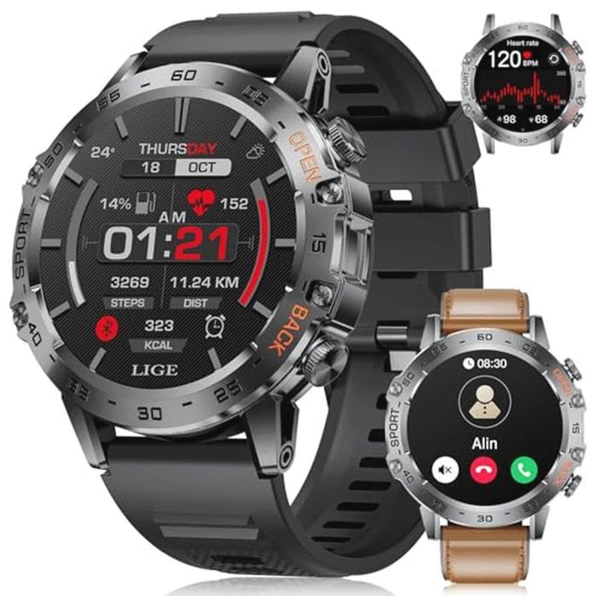 LIGE Smartwatch voor heren, 1,45 inch AMOLED smartwatch met telefoonfunctie, IP68 waterdicht, fitnesshorloge met 24/7 hartslag, stappenteller, slaapmonitor, 100+ sportmodi, sporthorloge, voor iOS