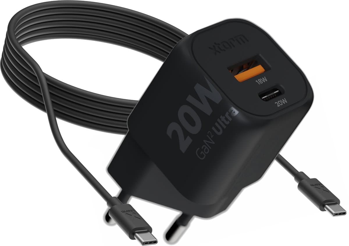 Xtorm 20W GAN2 Ultra Oplader usb c + 1 meter kabel (100W) - USB-C / USB-A Snellader - Power Delivery - Charger - GRS Gerecycled Plastic - Zwart