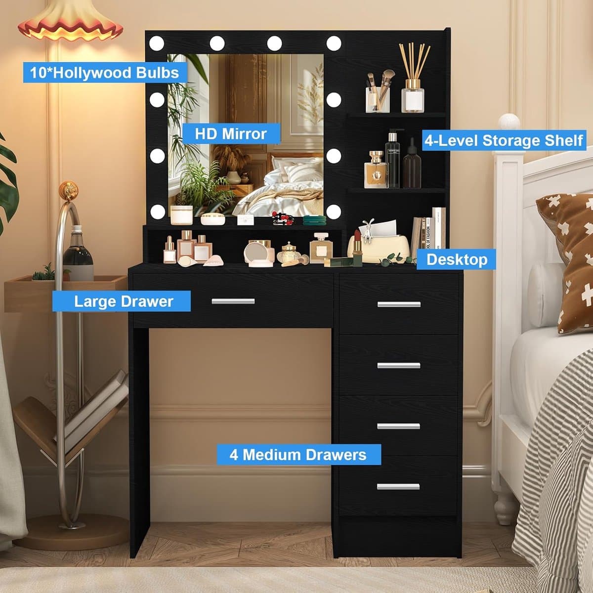 Make-uptafel met LED-Spiegel 80x36x131 cm – Novihome Élégance Noir – Kaptafel met 5 Lades, Verstelbare Verlichting (Koud/Natuurlijk/Warm Licht) – Modern Design, MDF Hout Schwarz