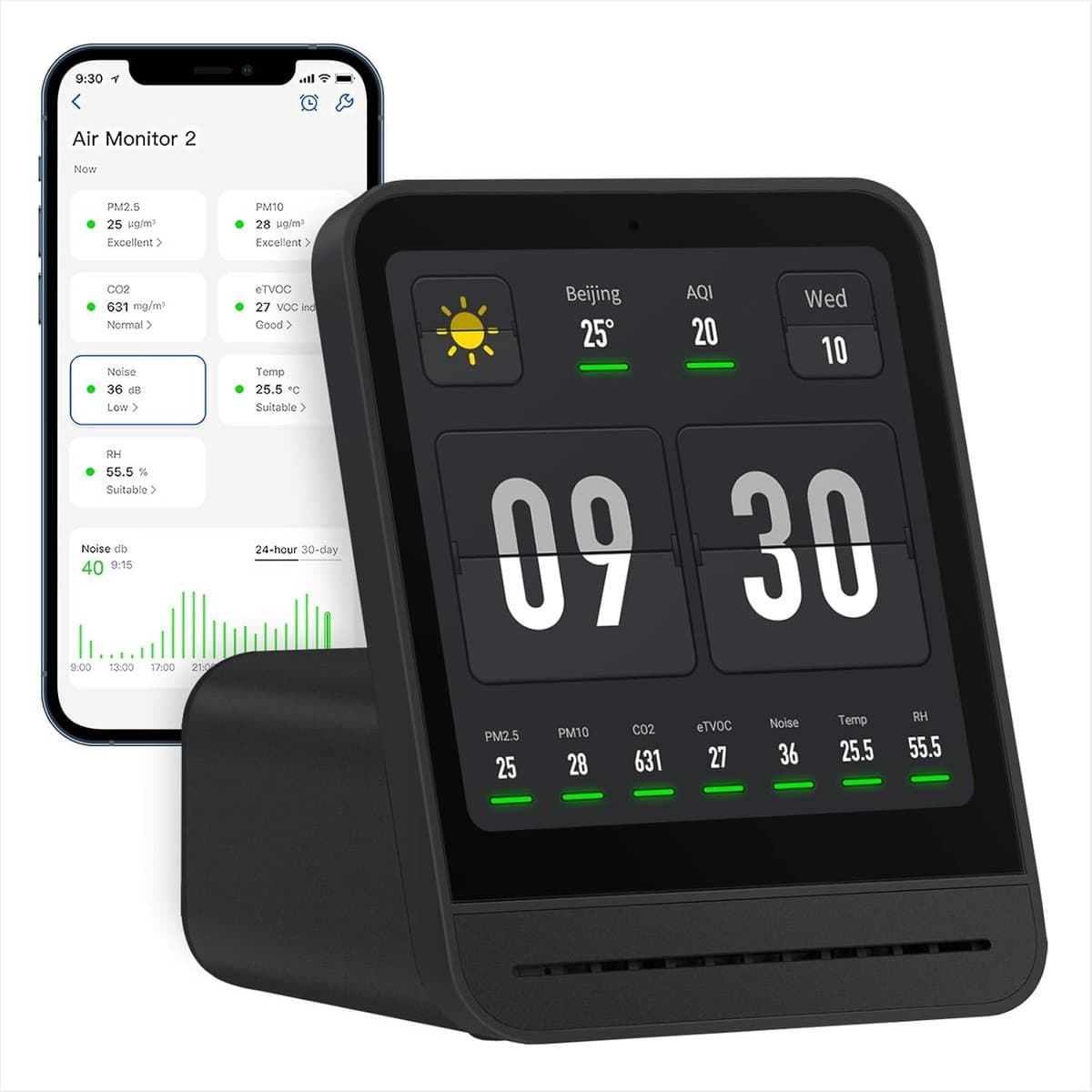Luchtkwaliteit Monitor - Luchtmeter Binnen - Binnenklimaat Checken - 7 Metingen Realtime - 4 Inch Touchscreen - Zwart
