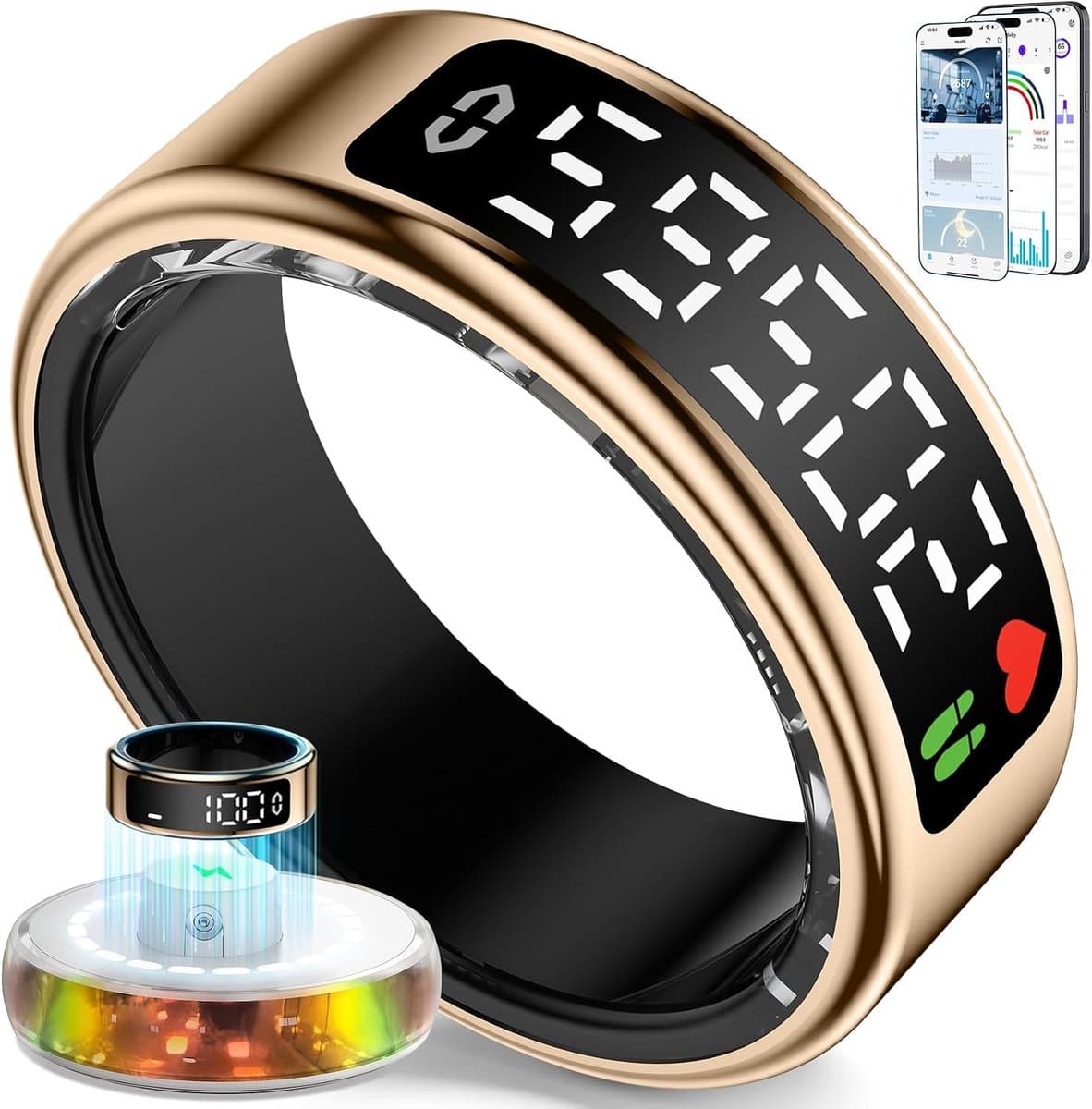 Ring voor Mannen en Vrouwen, 2026 Smart Ring met LED Scherm, IP68 waterdicht, Fitness Tracker voor het monitoren van de pulsmeter/SpO2/HRV, compatibel met iOS en Android (Roségoud, 10)