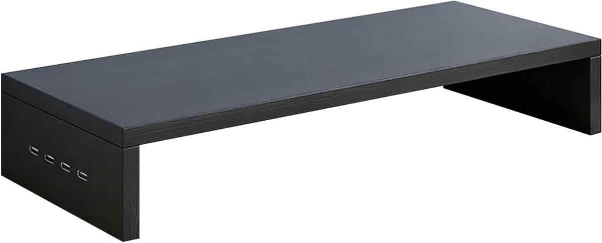 Monitorstand Bureau - Verhoger Plank - Werkplek Organiseren - Met 4 USB-poorten - 50x20x7.7 cm - Zwart