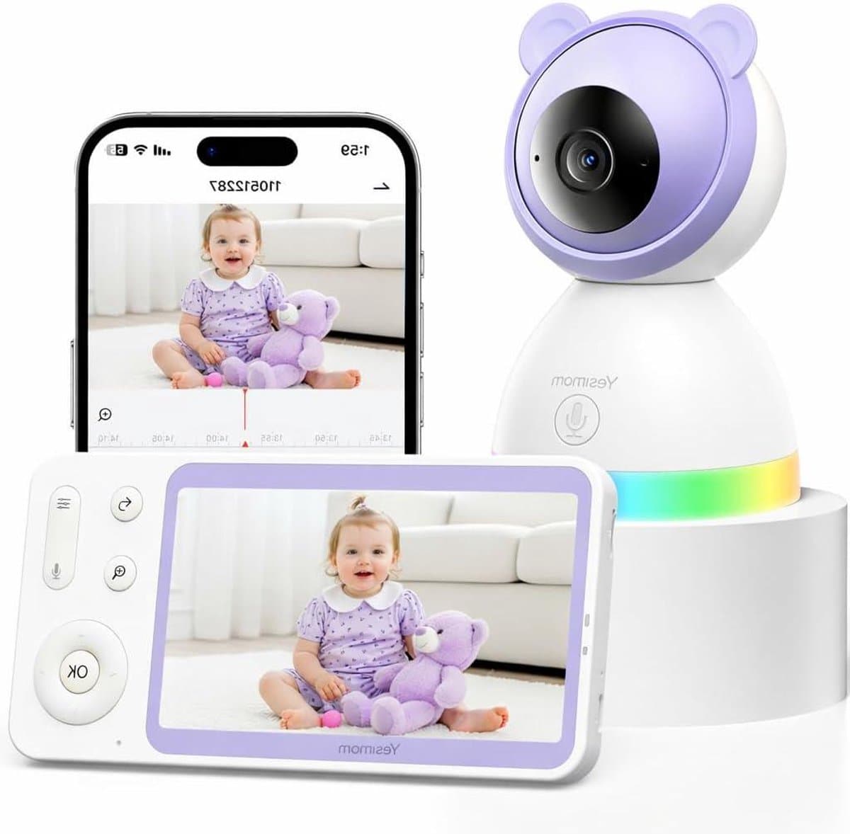 Baby Camera - Kind Monitor - Kind Bewaken - 360 Graden Zicht - 5 Inch Scherm - Paars