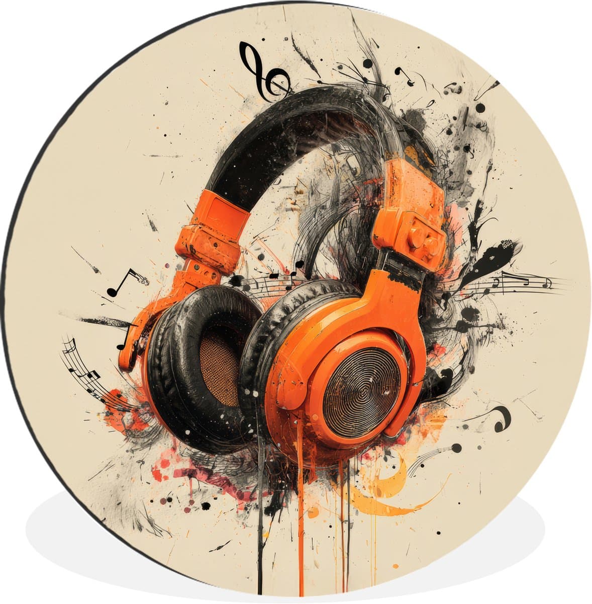 WallCircle - Wandcirkel - Muurcirkel - Koptelefoon - Oranje - Explosief - Aluminium - Dibond - 90x90 cm - Binnen en Buiten
