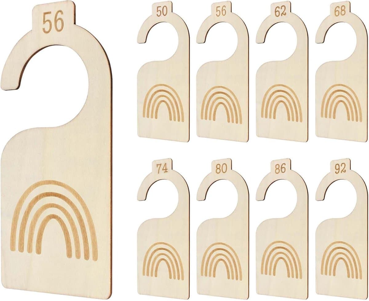 Pack van 8 Houten Scheidingswanden voor Baby Wardrobe - Maten 50 tot 92 - Schattige en Praktische Kledingdividers - Premium Houten Scheidingswanden - Verdeeld op Kledingmaat - Regenboog Decoraties - DIY aan de Achterkant