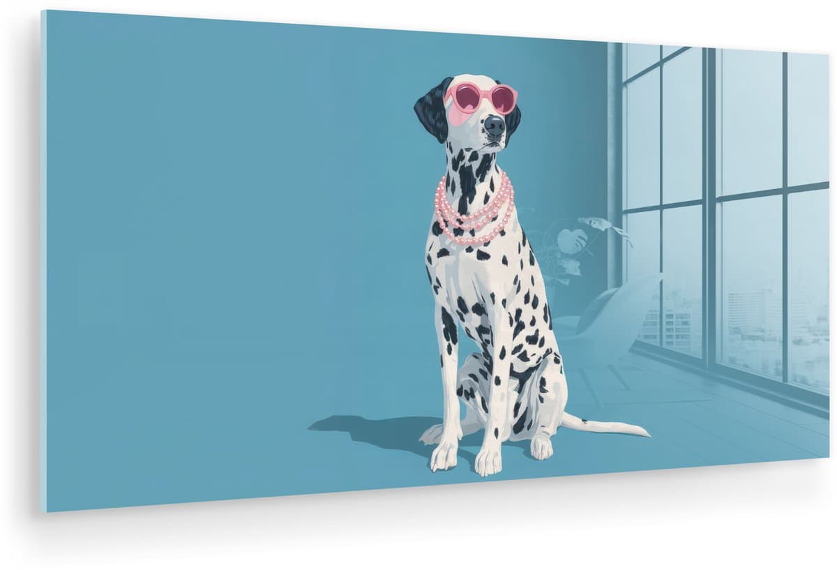 MuchoWow® Glasschilderij 40x20 cm - Schilderij acrylglas - Dalmatiër - Zonnebril - Blauw - Foto op glas - Muurdecoratie woonkamer - Wanddecoratie slaapkamer - Schilderijen