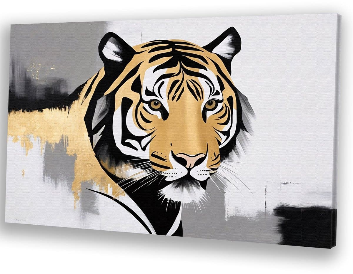 Abstracte tijger met goud - Tijger muurdecoratie - Wanddecoratie canvas dieren - Art Deco - Design aan de muur - Woonkamer decoratie - canvas 45x30 cm