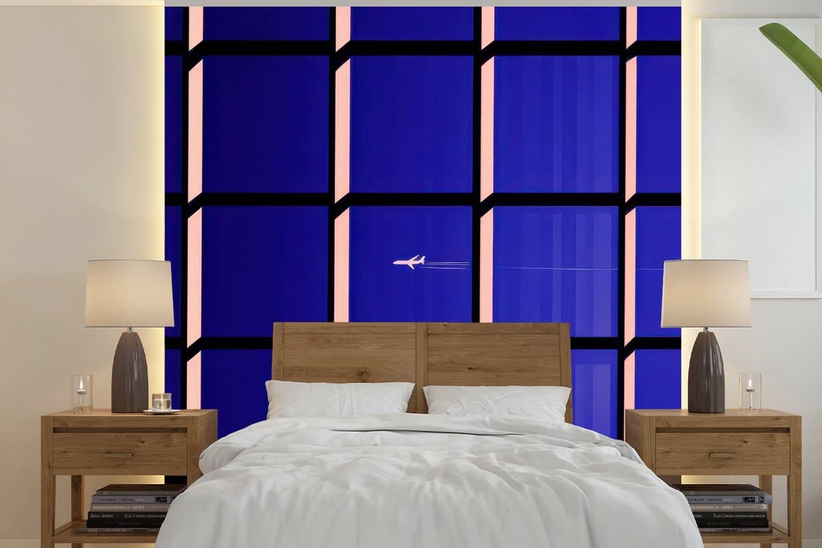 Behang - Fotobehang Vliegtuig - Ruiten - Blauw - Rechthoekig - Breedte 300 cm x hoogte 300 cm