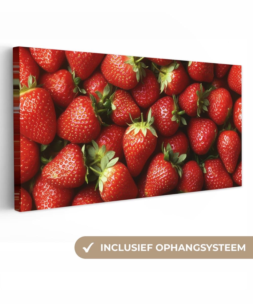 Canvas schilderij 60x30 cm - Exclusieve wanddecoratie Aardbei - Fruit - Rood - Muurdecoratie woonkamer - Slaapkamer decoratie - Kamer accessoires - Schilderijen op canvas