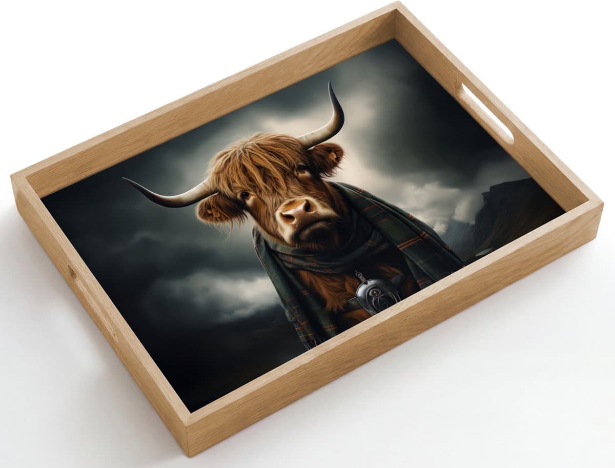 Dienblad hout 50x35 cm - Schootdienblad - Schotse hooglander - Sjaal - Bergen - Borrelplank rechthoek - Plateau dienbladen