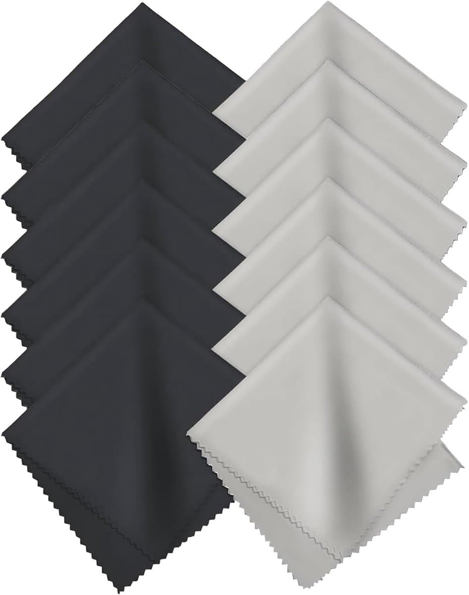 12 reinigingsdoekjes voor brillen, microvezel-reinigingsdoekjes voor brillen, displays, tablets, brillen, wasbaar (zwart en grijs, 14,5 x 17,5 cm)