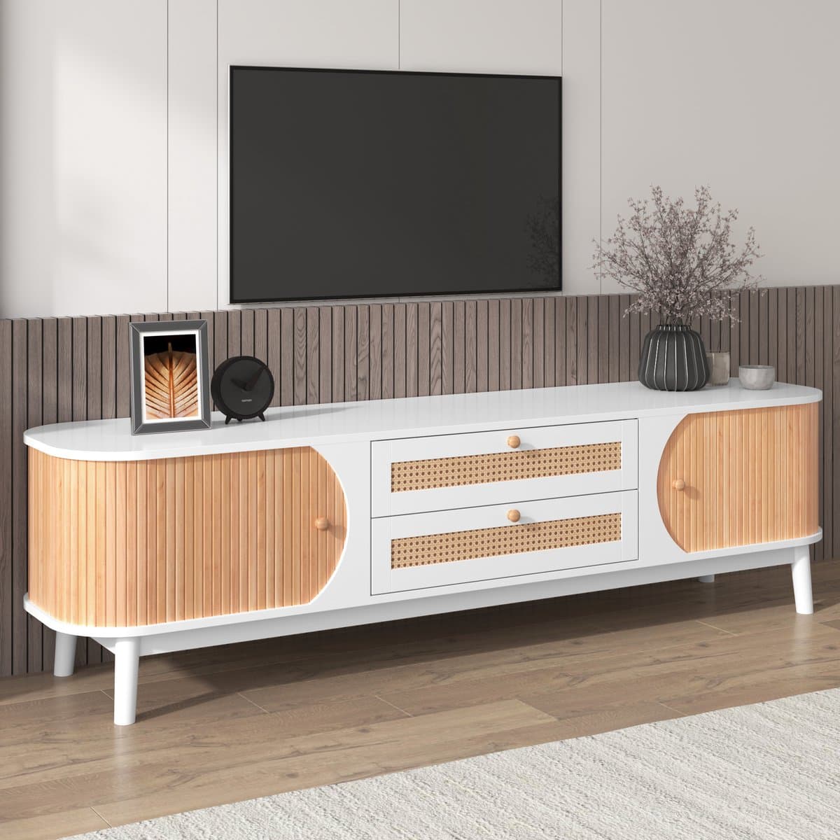 MIVRAY Tv Meubel - Deuren En Lades Met Rotan Look - Opgeruimde Woonkamer - MDF - Wit En Houtlook - 170x39,5x46 Cm