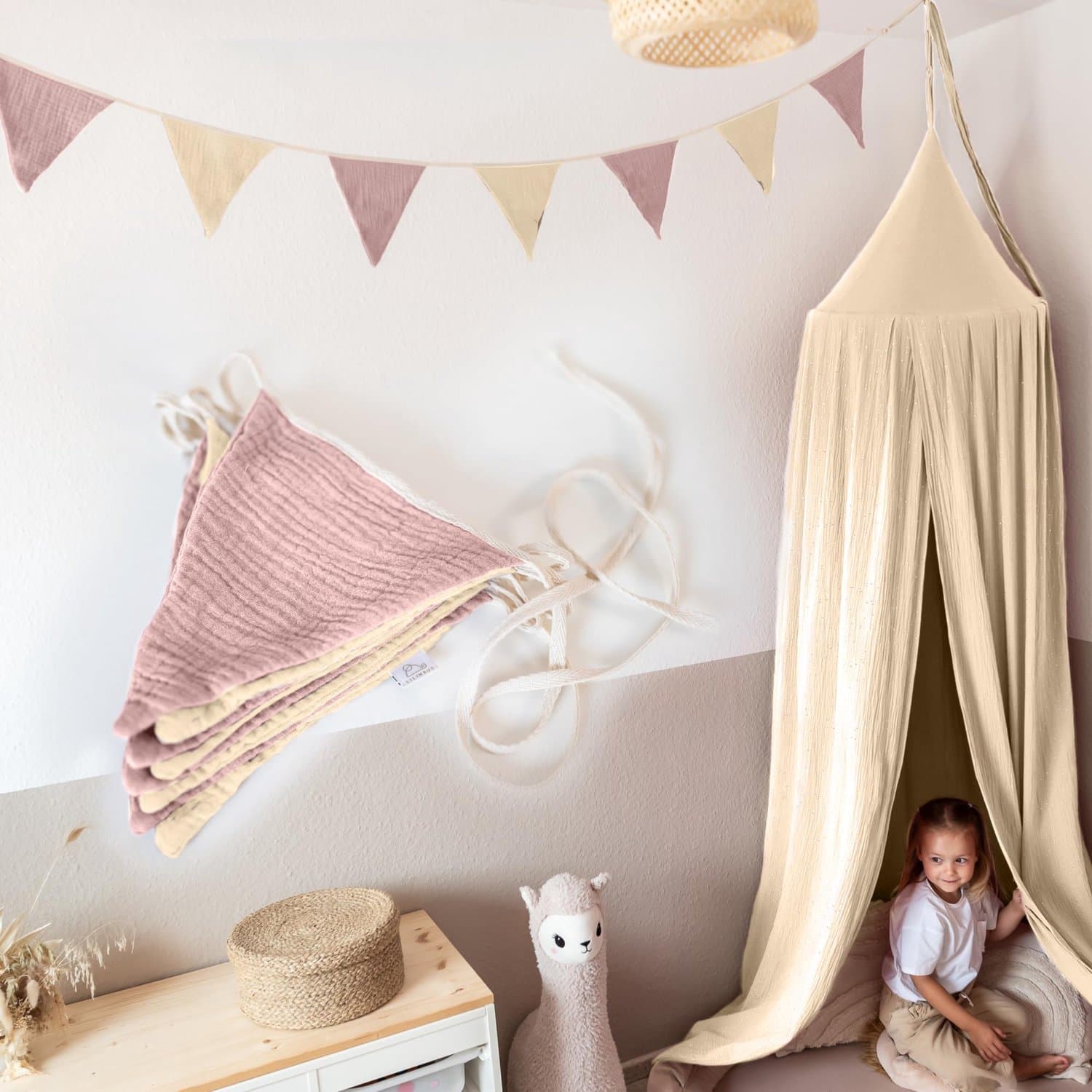 LILIMAUS Vlaggenlijn stof kinderkamer - stoffen slinger van mousseline katoen - 300 cm - crème en poederroze
