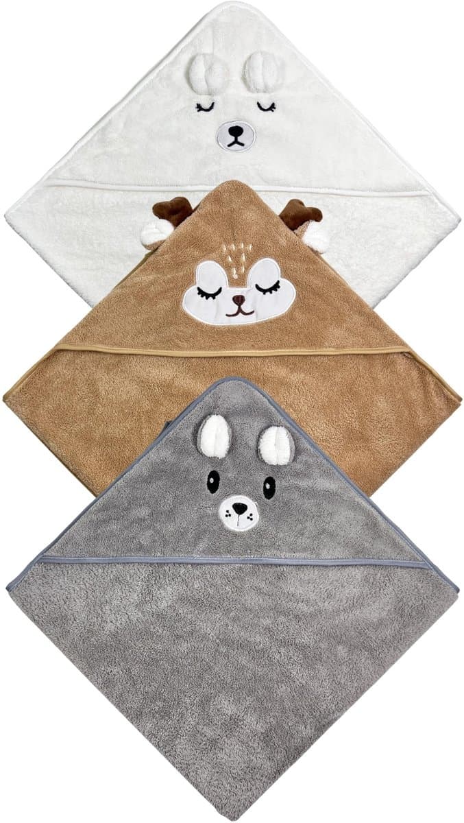 Dailygoods- Babyhanddoek met capuchon - Set van 3 - Extra groot 80x80 cm - Koraalvacht - Schattige dierendesigns - Huidvriendelijk materiaal - Badhanddoek