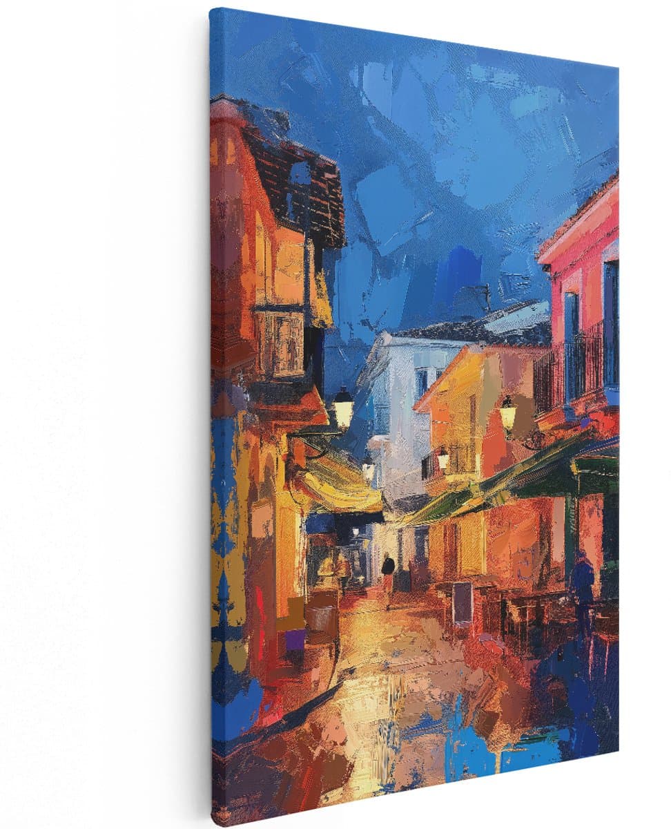 Artaza Canvas Schilderij Straatscène - 100x150 cm - Groot - Wanddecoratie Kleurrijk - Muurdecoratie Stad - Decoratie Schemering - Schilderijen Op Canvas