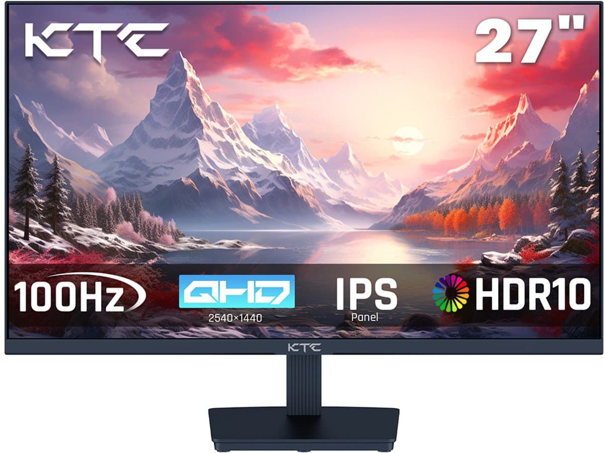 KTC H27T27 Gaming Monitor, 27-inch 2560x1440 QHD IPS-scherm, 100Hz verversingssnelheid, HDR10, 1ms responstijd, Adaptive-Sync, Low Blue Light en Flicker-Free, VESA-muurbevestiging, 2*HDMI 2.0, 1*DP 1.4, 1*hoofdtelefoonaansluiting