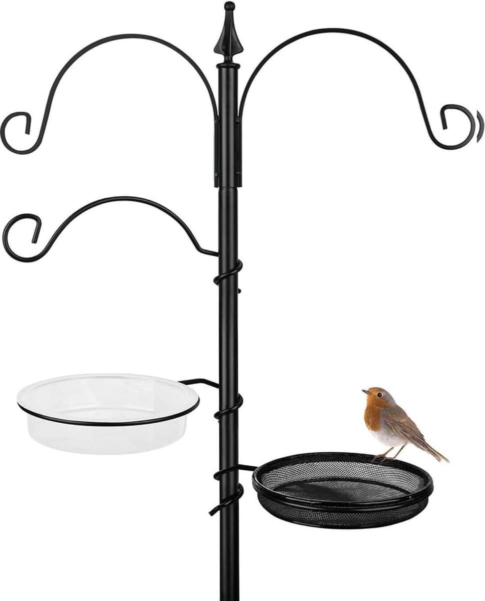 Vogelvoederstation - Compleet vogelvoederstation van weerbestendig metaal - 195 cm hoog - Inclusief vogelbad en voederplaat - Voor meelwormen, korrels en pinda's - Zwart