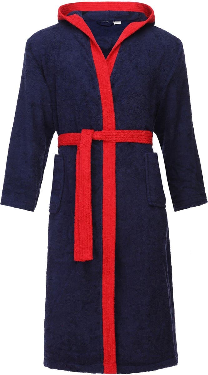 Ladeheid Heren Badjas met Capuchon - 100% Katoen - Wasmachine bestendig - Badstof - Donkerblauw/Rood - M - LA-LA40-190-DG
