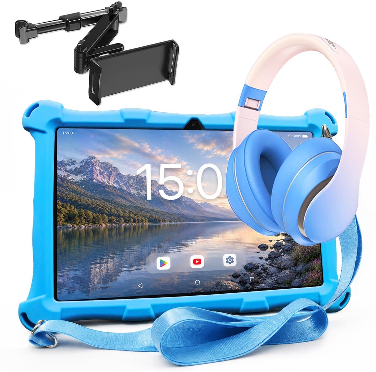 AngelTech Luxe OnderwegPakket XL – Kindertablet XL Blauw + Kinderkoptelefoon + Tablethouder - Kindertablet Vanaf 3 Jaar – Kinder Tablet – Kids Tablet - Tablet voor Kinderen