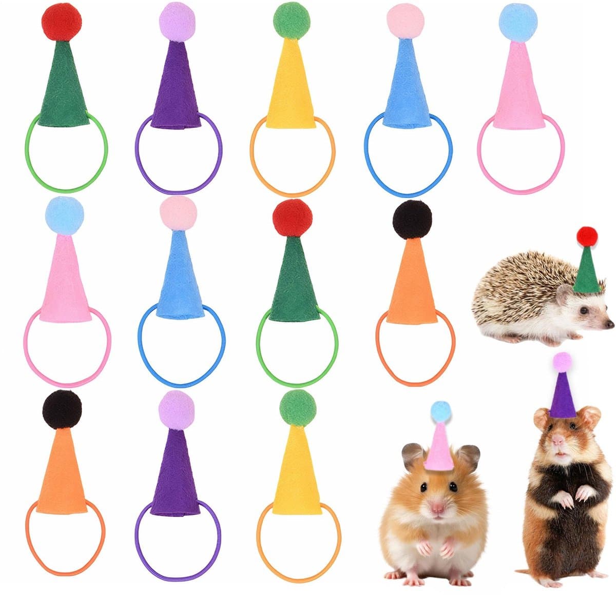 NTH products- Verjaardagshoed 12 Stuks - Mini-Vilten Feesthoeden - Kegelvormig - Verstelbare Riem - Verjaardagsmuts voor Huisdieren - Geschikt voor Hamsters - Huisdierfeesthoed