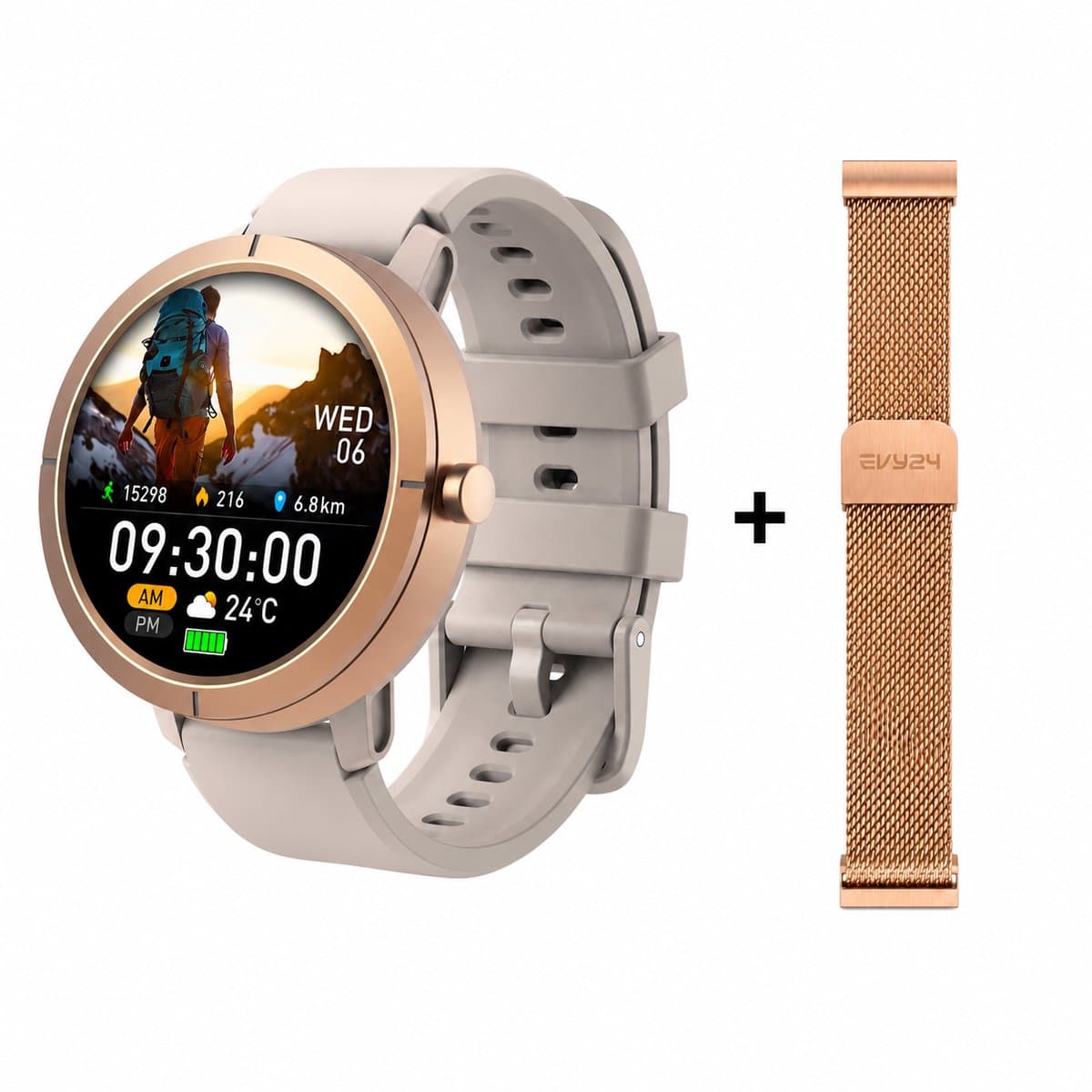 Evy24 Smartwatch EV1 GPS 42mm - Sporthorloge Dames en Heren - Waterdicht - Amoled - Smartwaches - Horloge - Goldmetal