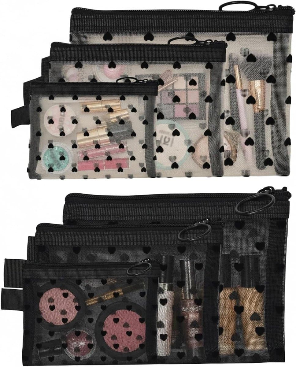 Cosmeticazakje met Hartjesprint - Set van 6 Mesh Make-up Tassen voor Lippenstift en Oortjes, Ideaal voor Reizen en Organisatie